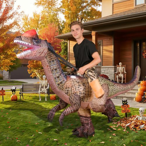 Adult Inflatable Riding Dinosaur Costume, Battery Fan Blow Up Suit for Cosplay & Halloween