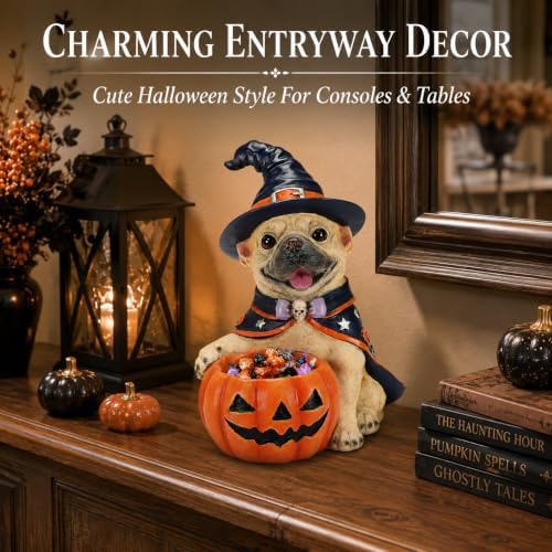 Halloween French Bulldog Candy Bowl, Witch Dog Statue Pumpkin Holder
