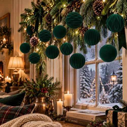 Liliful 3.15 Inch 12 Pcs Velvet Christmas Ornaments Balls, Dark Green