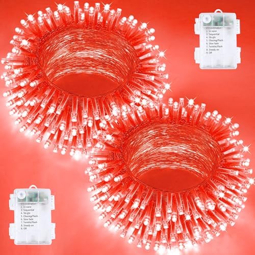 2 Pack 200 LED Battery Operated String Lights, Twinkle Fairy Lights Red