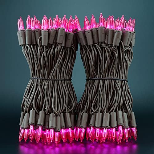 YULETIME 200 Pink LED Christmas Lights, 66 ft Brown Wire UL String Light