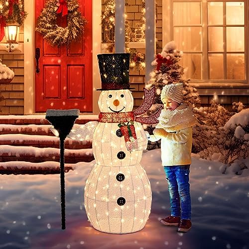 VINGLI 5FT Outdoor Snowman Christmas Decorations, Lighted Outdoor Snowman w/200 LED Lights, Tall Hat, Red Scarf, Zip Ties, Ground Stakes for Indoor, Yard, Outside Xmas Decor