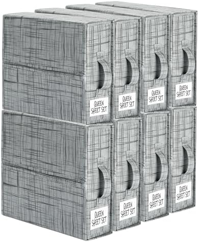 SUOCO SheetCube Bed Sheet Organizers and Storage 8 Pack, Foldable Linen Closet Organizer with Window and Label, Bedding Storage Box Container for, Duvet Cover Set, Bed Sheet Set - Pattern Grey