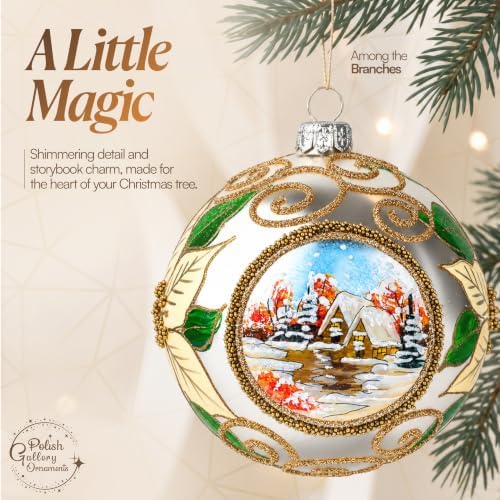Polish Hand Blown Glass Christmas Ornaments Ball, Wintry Poinsettia 5 in
