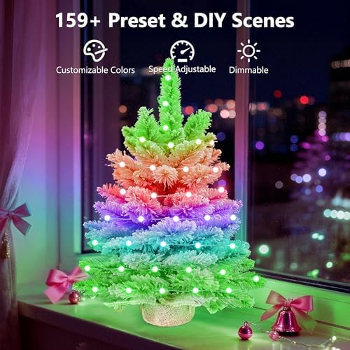 Brizled Smart Pink Mini Valentines Tree, 22.8in DIY Smart-Lit Pink Flocked Tabletop Xmas Tree with 100 LED RGB Lights, App/Voice Control 159+ Scenes Mini Xmas Tree USB C Small Tree for Fireplace Desk