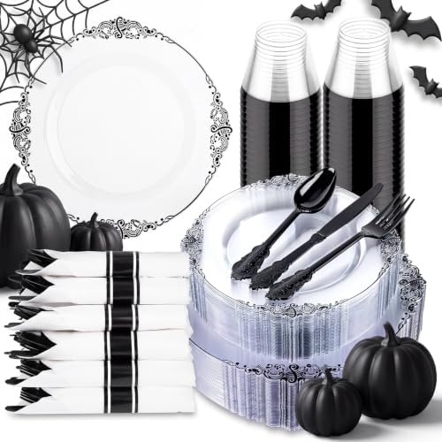 Hioasis 175 Pcs Clear Black Plates for Party