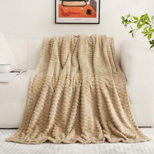 Puncuntex Beige Throw Blanket 60"×80" inches Fuzzy 3D Jacquard Decorative