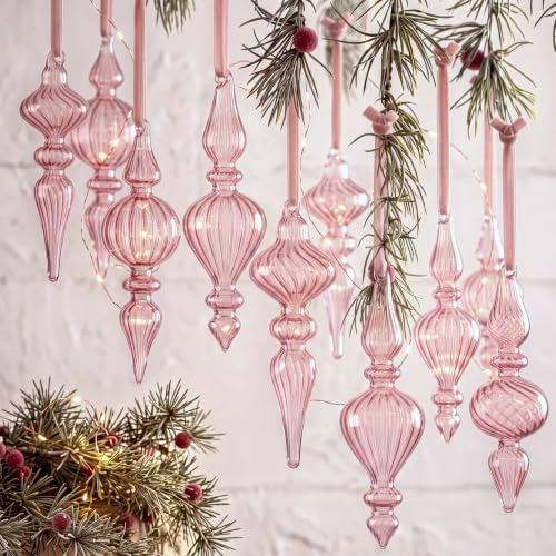 12 Pcs Vintage Glass Finial Christmas Ornaments, Pink