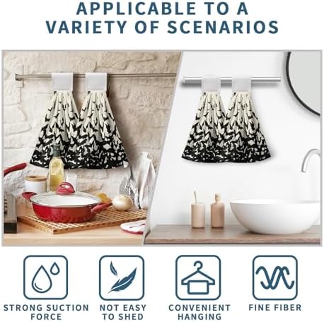 2 Pcs Halloween Black Bats Hanging Kitchen Towels Hand Towel with Hanging Loop Holiday Dish Tie Towel Soft Absorbent Fingertip Bath Towel for Bathroom Farmhouse Decor