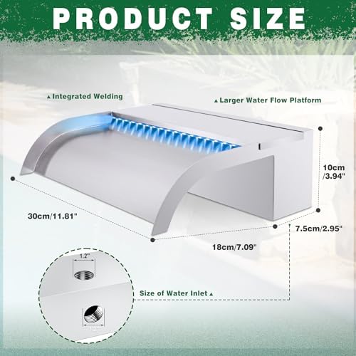LONGRUN Pool Fountain Stainless Steel Outdoor Pond Spillway Waterfall with Wider Water Flow Platform Multi-Color LED Light Spray Indoor Waterfall Fountains for Garden-11.8"