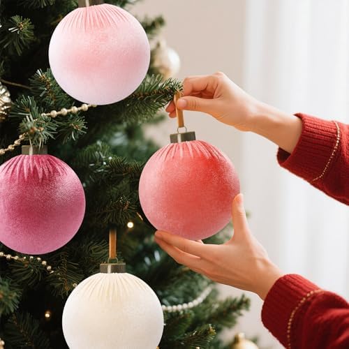 Liliful 12 Pcs Extra Large Velvet Christmas Balls Velvet Ornaments for Christmas Tree Flocked Shatterproof Xmas Tree Balls Bulk for Holiday Party Xmas Trees Hanging Decorations(4 Inch,Pink)