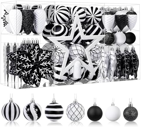 SHareconn 106PCS Christmas Balls Ornaments Set, Colorful Shatterproof Plastic Decorative Baubles for Xmas Tree Decor Holiday Wedding Party Decoration with Hanging Hooks, Black & White