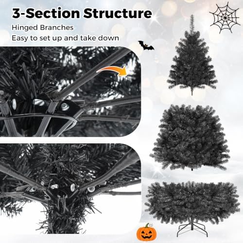 Happygrill 6FT Artificial Christmas Tree with Sturdy Metal Stand, Unlit Halloween Tree with 1036 Branch Tips PVC Needles, Black