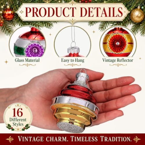16 Pcs Vintage Glass Christmas Ornament Reflector Decor, Classic