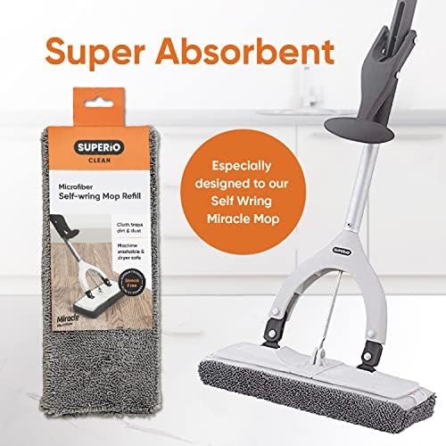 Superio Microfiber Mop Head Replacement for Self-Wring Miracle Mop, Microfiber Cleaning Pad, Mop Refill, Self Wringing Mop (2 Pack)