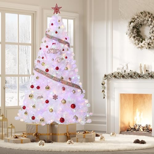 GarveeHome 7.5 ft Prelit Artificial Christmas Tree with 450 Warm White Lights, Pre-Lit Snow Flocked Pencil Christmas Tree, Foldable Base,Holiday Decoration for Home, Office, Party,Laser White
