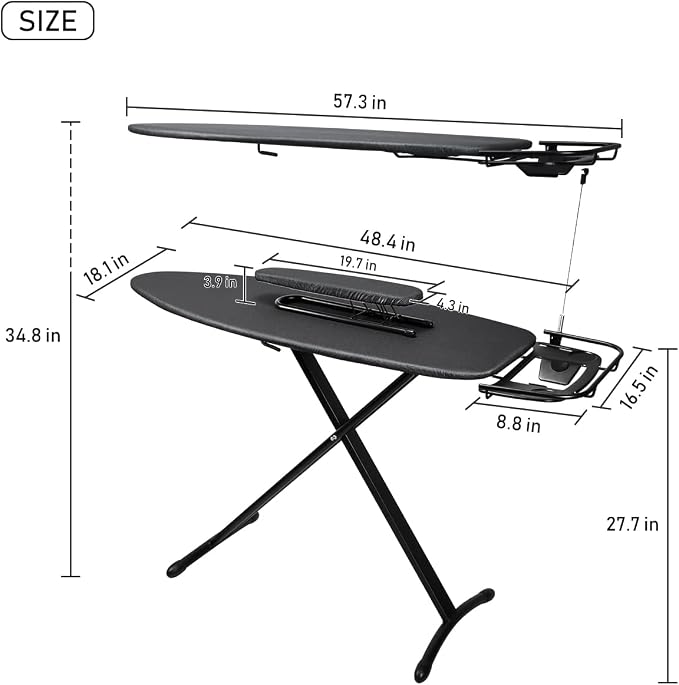 Duwee 18"x48" Deluxe Ironing Board with Retractable Iron Rest | Extra Wide Ironing Board,Heat Resistant Cover and Thicken Padding,Thicken Steel Top Board,with sleeve board,Adjustable Height