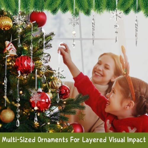 Crystal Christmas Tree Ornaments, Clear Acrylic Snowflake & Icicle, 32pcs