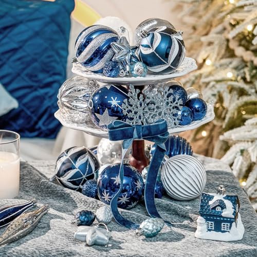 JORNOY 106Pcs Christmas Ornaments Bulk, Shatterproof Plastic Hanging Balls Bulbs Assorted Decor for Tree Decorations Home Holiday Party with Lanyard, Silver & Blue