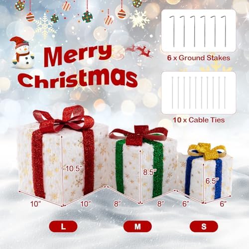 Tangkula Set of 3 Christmas Lighted Gift Boxes, Pre-lit Xmas Box Decoration