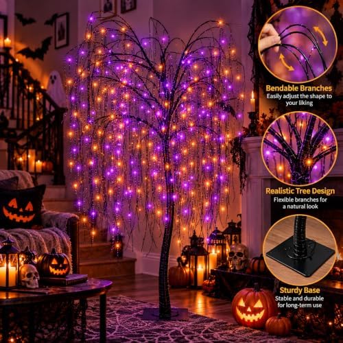 LIGHTSHARE 7 Feet Halloween Willow Tree, 256 LED Lights for Home, Festival, Nativity,Party, and Christmas Decoration,Includes Spiders and White Cobweb,Indoor Outdoor Use,Orange & Purple