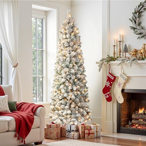 SHareconn 7.5ft Prelit Snow Flocked Artificial Slim Pencil Christmas Tree