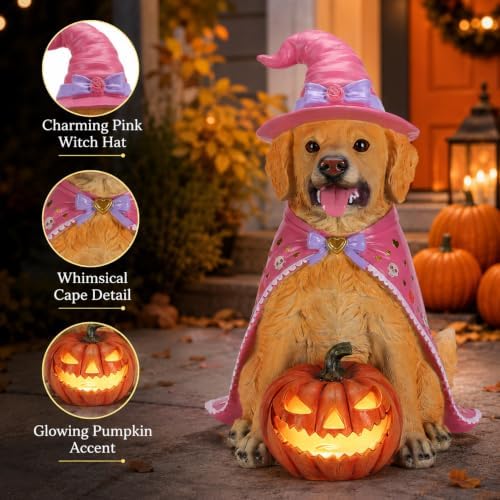 Halloween Large Golden Retriever Statue with Glowing Pumpkin,Porch Decor