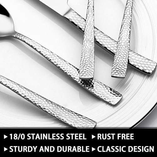 49-Piece Hammered Silverware Set with Organizer, Food-Grade Stainless Steel Flatware for 8, Cutlery Utensil Sets with Steak Knives, Rust-proof, Mirror Polished, Dishwasher Safe, Wave Hammered