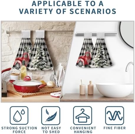 Christmas Hanging Kitchen Towels Winter Buffalo Plaid Red Truck Xmas Tree Hand Towel with Hanging Loop Black and White Check Christmas Dish Tie Towels Fast Drying Washcloth for Bathroom Set of 2