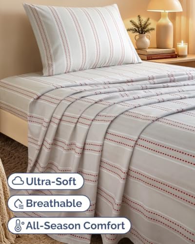 Christmas Sheet Set, Red Dot Stripe, Holiday Xmas Bedding Set - Twin XL