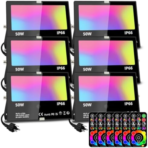 MELPO Led Flood Light 500W Equivalent, RGBW Led Outdoor Lights Colored Floodlight with Remote,50W,5000ML 2700K,120 Colors, Timing, Dimmable, Custom Modes, Landscape Lighting (6 Pack)