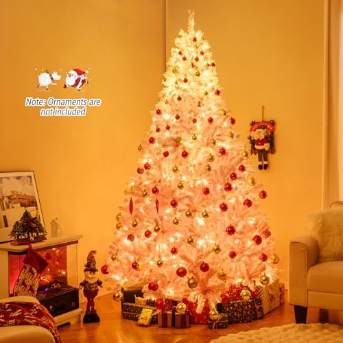 HAPPYGRILL 8 FT Pre-lit Flocked Christmas Tree Pink Hinged Xmas Tree with 1774 Branch Tips, 470 Warm White LED Lights & Folding Metal Stand, for Home Office Carnival