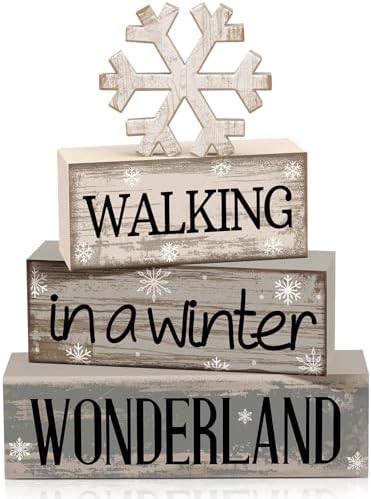 Moucuny 4 Pcs Snowflake Decorations Wooden Block Signs Winter Farmhouse