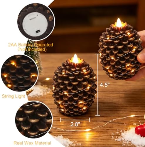 Wondise Pine Cone Flameless Candles with 6H Timer String Lights