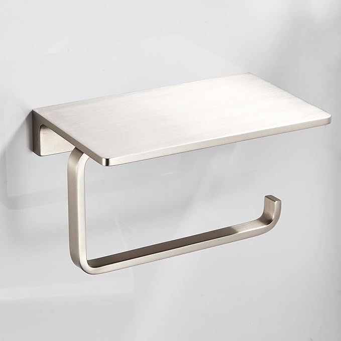 Toilet Roll Paper Holder Bathroom Solid Brass and Superior Hotel Style Wall Mount Tissue Roll Holder with Phone Shelf Brushed Nickel Finished