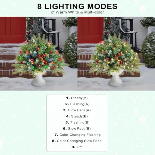 Christmas Tree Urn Filler, Battery Operated with Timer, Pre-lit Warm White & Multi-Color Changing LED Lights, Artificial Xmas Tree for Porch, Pathway, Yard, Outdoor Holiday Decoration (1, with Snow)