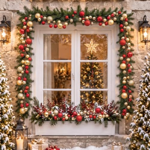 2 Pcs 6 ft Christmas Ball Ornament Garland, Red, Gold