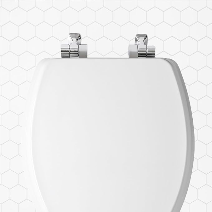 Mayfair Bennett Toilet Seat with Brushed Nickel Hinges, Slow Close Wood Seat, Secure Metal Hinges, Easy Install, Made in USA, Round, White