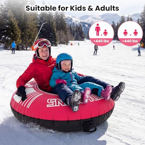 Goplus Inflatable Snow Tube, 42" Heavy-Duty Snow Sledding Tube with Detachable Tow Strap, Thickened Bottom, 3-in-1 Valve, Handles, Winter Outdoor Fun Toy for Kids & Adults, Christmas Birthday