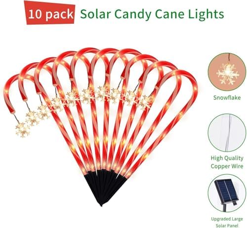 10 Pack Solar Candy Cane Pathway Lights, Warm White Christmas Decor
