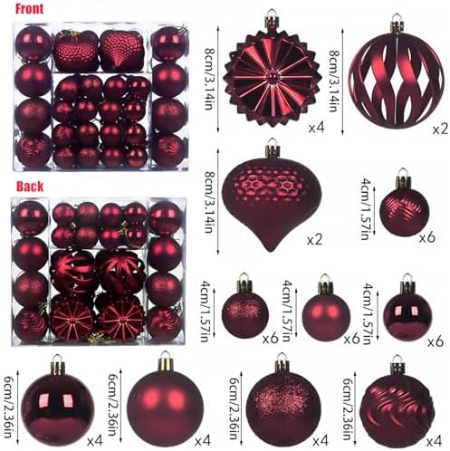Christmas Tree Balls Ornaments Set, 48 Pcs Shatterproof Plastic Decorative Baubles Shiny Hanging Ball Ornaments for Xmas Tree Holiday Party Wedding Decoration, Wine Red