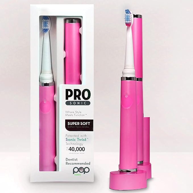Pop Sonic Ultimate Pro Toothbrush (Pink) | Rechargeable Battery w/Up to 40,000 Brush Strokes/Minute -Long-Lasting Dupont Nylon Bristles - for Teens & Adults w/Quadrant Pacer & Timer