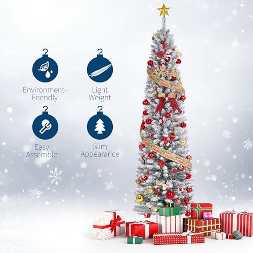 Garvee 7.5FT Pencil Prelit Christmas Tree, Snow Flocked Xmas Tree