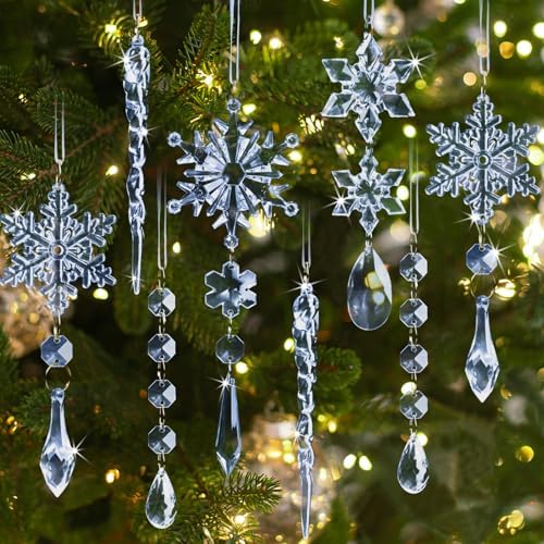 GuassLee 36pcs Crystal Christmas Tree Ornaments - Blue Acrylic Snowflake Icicle Drop Crystal Hanging Ornaments for Christmas Tree Wonderland Frozen Themed Birthday Party Decor