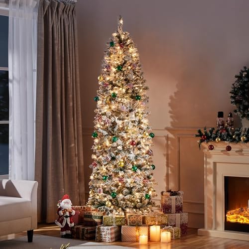 Yaheetech 7.5ft Pre-lit Snow Flocked Pencil Christmas Tree, Green & White