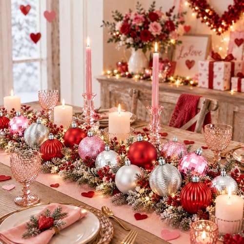 Lunmon 64 Pcs Pink and Red Silver Christmas Ornaments Glitter Xmas Bulbs