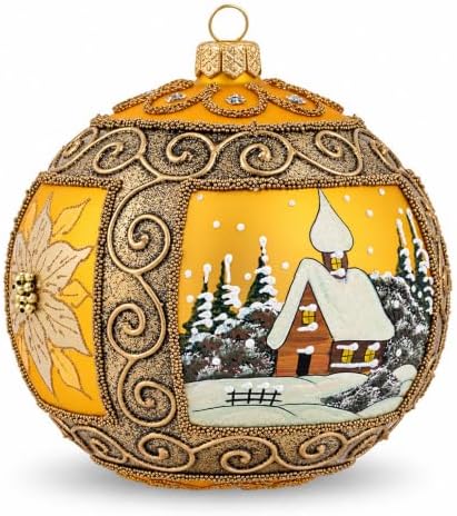 Polish Hand Blown Glass Christmas Ornaments Ball, Winter Charm Gold 5 in