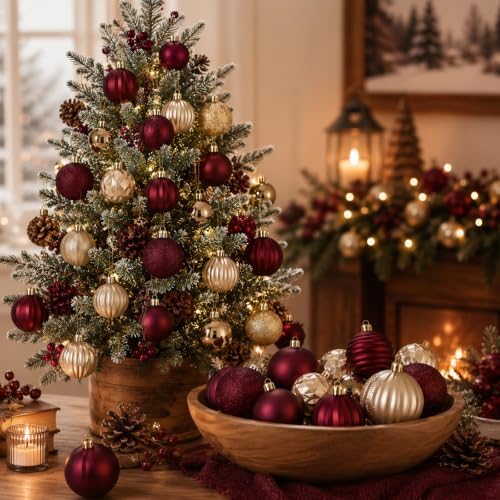Lunmon 64 Pcs Burgundy and Gold Christmas Ball Ornament 1.57/1.97/2.36 Inch