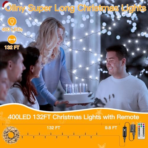 Ollny Christmas Tree Lights 400LED 132FT, Remote Plug-in Christmas Lights with Timer and 8 Modes, Waterproof Outdoor String Light for Thanksgiving Xmas House Indoor Outside Decorations(Warm White)
