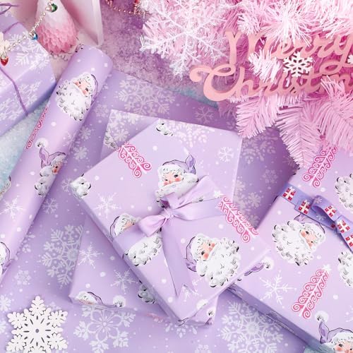 WRAPAHOLIC 30 Inch Reversible Christmas Wrapping Paper - 30 Inch x 33 Feet - Purple Santa Claus and Snowflake with Embossed for Christmas, Holiday, Party Celebration